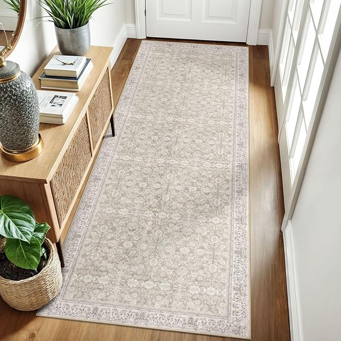 3x8 Washable Runner Rug for Kitchen, Cream Beige White Grey Soft Classic Runner with Non-Slip, Non-Shedding Distressed Floral Rug for Hallways Entryway Bedroom Laundry Indoor