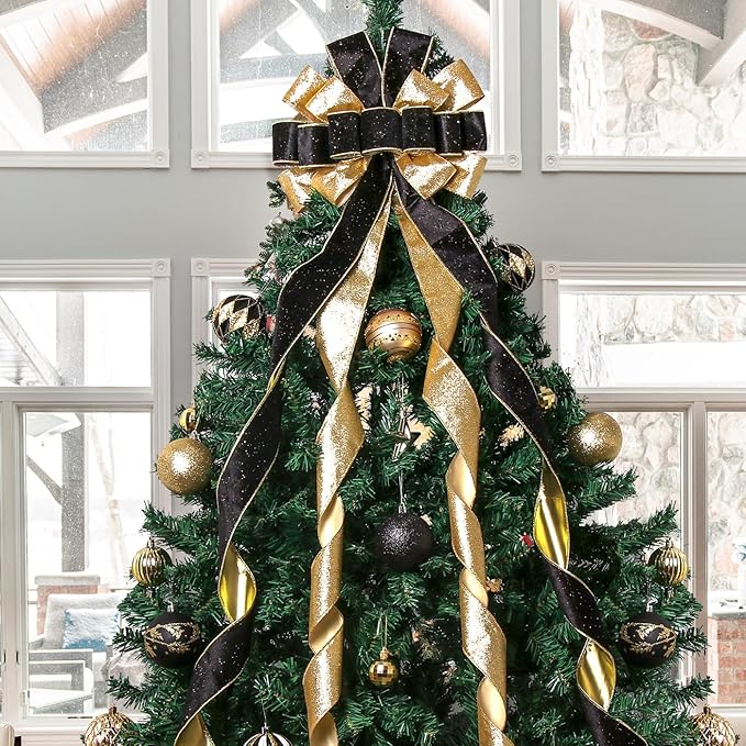 Christmas Tree Topper Wreath Bow Christmas Decorations, 52 * 13 inches Tree Toppers Bow with Gold Ribbon for Xmas Tree Christmas Rustic Farmhouse Home Holiday Party Decorations Black & Gold