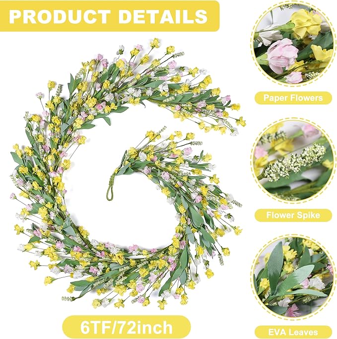 Artgar Flower Garland 6Ft Spring/Summer Garland Floral Garlands for Mantle All Year Round Paper Garlands Decor for Indoor Outdoor Home Wedding Arch Porch Stair Backdrop Year Round Decor (Yellow)