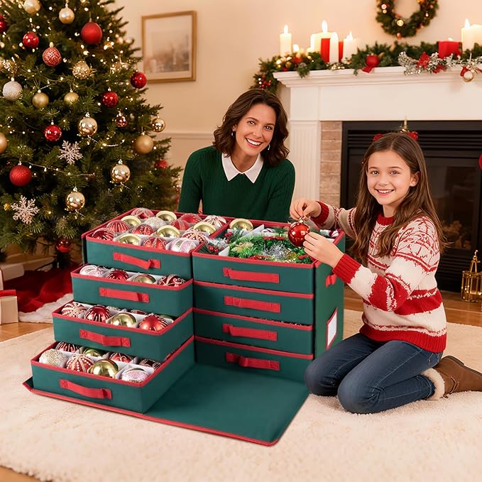 OIAHOMY Christmas Ornament storage Box with Adjustable Dividers, Christmas Storage Container with Side Open Stores up to 128-3" Ornaments, 8 Removable Drawer Style Trays - Red