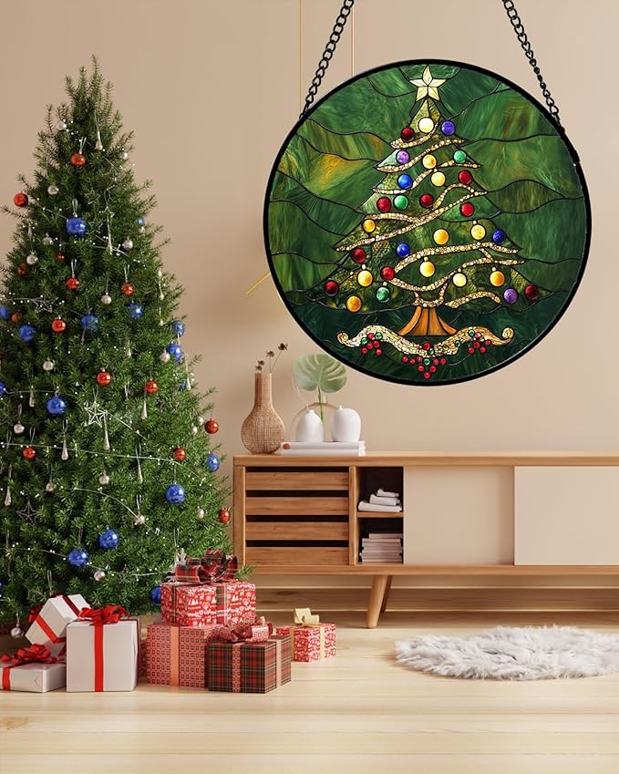 Stained Glass Window Hanging - Green Christmas Tree with Colorful Lights Suncatcher for Doors Home Christmas Decoration Sun Catcher Thanksgiving New Year Birthday Gifts for Women Men Mom Nana 15 in