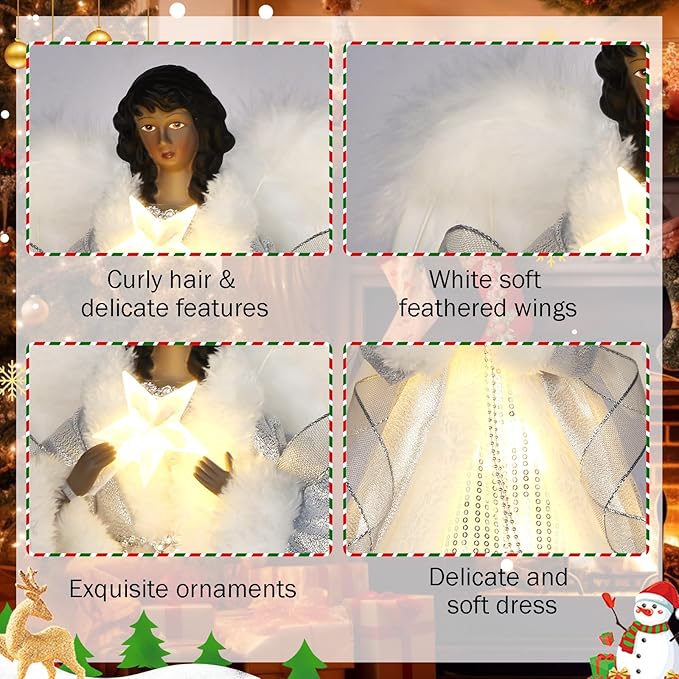 12.5" Black Angel Christmas Tree Topper with Lights, Lighted Angel Tree Topper with White Feather Wings and Star Light, Remote Control, Timer & USB Powered for Holiday Party Decor