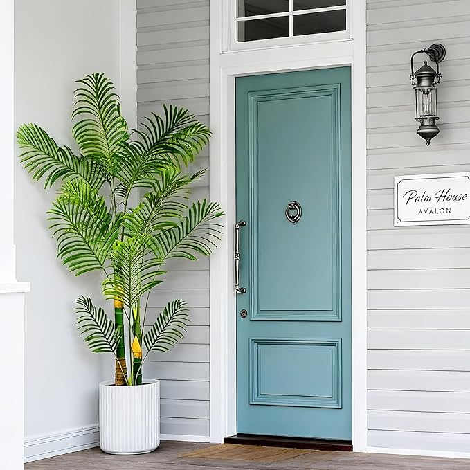 Artificial Fake Palm Tree 6FT 1Pack with White Planter & Free Moss, UV Resistant Artificial Palm Tree for Outdoors, Fake Plants for Poolside Home Room Decor, Faux Plants Outdoor Decor
