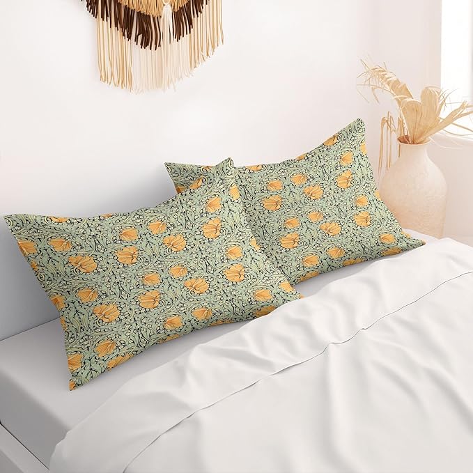 William Morris Pillow Covers 18x18 Inch Orange Floral Botanical Print Pillow Protectors with Zipper Standard Size Vintage Flower Antique Pillow Cases Mid Century Modern Bed Pillow Covers Set of 2
