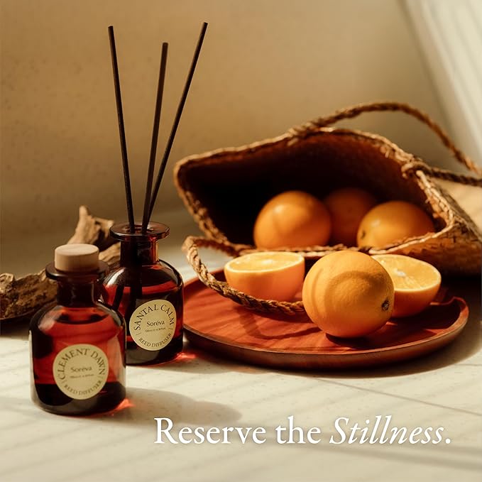 Soréva Plant-Based Reed Diffuser Set, Bright Clementine and Fresh Citrus, Uplifting Aromatherapy for Mindfulness, Long Lasting, Alcohol Free, 7 Sticks, 4.39 fl oz