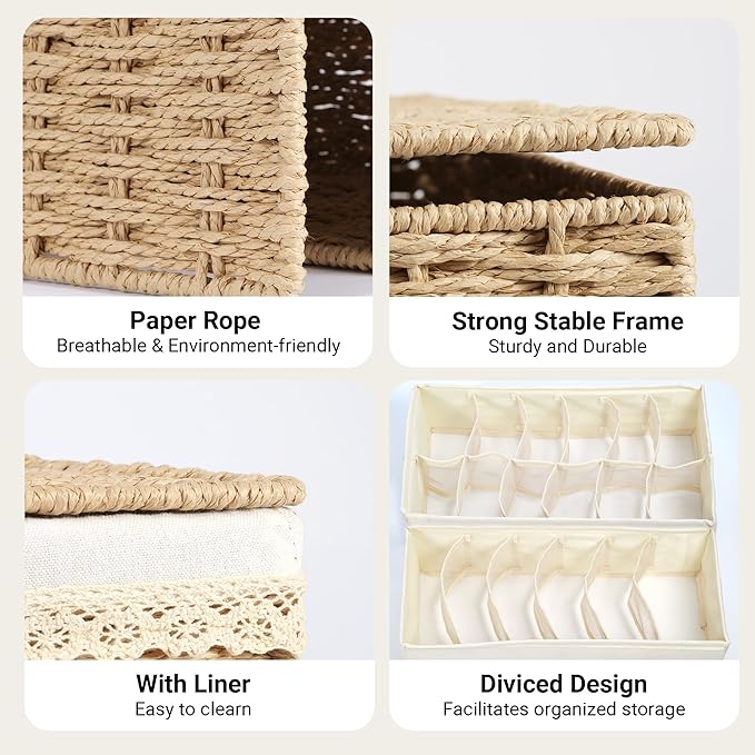Nonam Large Basket with Lid set of 3, Rattan Divided Baskets Organizer for Shelf, Natural Wicker Storage Basket Bins for Closet, Boho Shelf Decor Covered Basket Home Storage Container