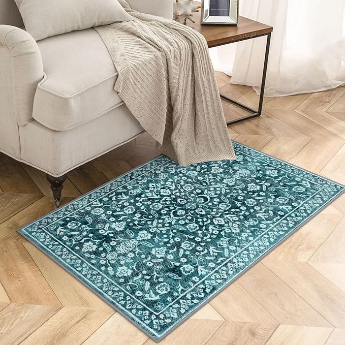Vintage Entryway Rug Indoor, Dark Teal Washable Rug 2x3, Small Area Rug with Non-Slip Backing, Floral Print, Thin Faux Wool Super Soft Door Mat for Kitchen, Entrance, Bedroom, Office
