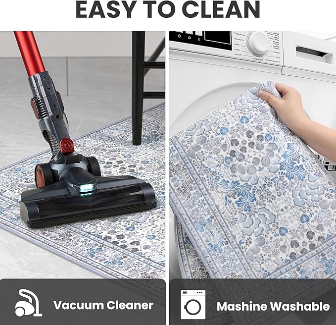 2x6 Washable Runner Rug for Hallways, Grey Blue Soft Floor Modern Kitchen Rugs with Non-Slip, Non-Shedding Boho Rug for Bedroom Kitchen Porch Laundry Entryway