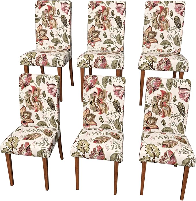 Stretch Dining Chair Covers Set of 6,Floral Print Chair Covers,Soft Removable Washable,Pet Friendly Furniture Protector,Universal Chair Slipcovers for Home, Kitchen,Ceremony Dining Room Seat