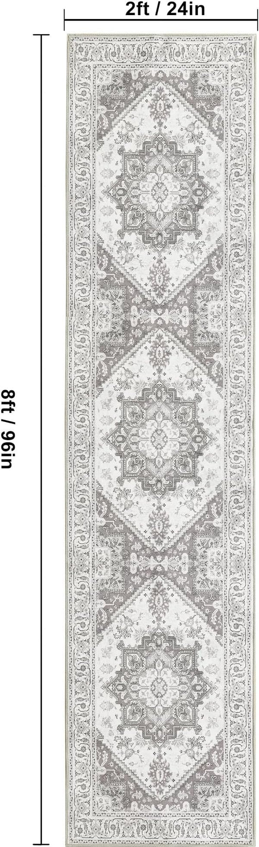 XWZO Washable Hallway Runner Rug 2x8ft — Non-Slip Low Pile Area Rug with Rubber Backing, Spill Resistant Soft Vintage Floor Carpet Runner for Kitchen Entryway Doorway Bedroom Corridor, Grey