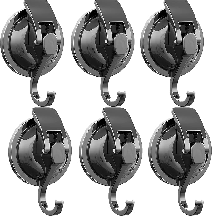 Heavy Duty Vacuum Suction Cup Hooks, Gun Silver Plated Polished Super Suction for Kitchen Bathroom, 6 Pack