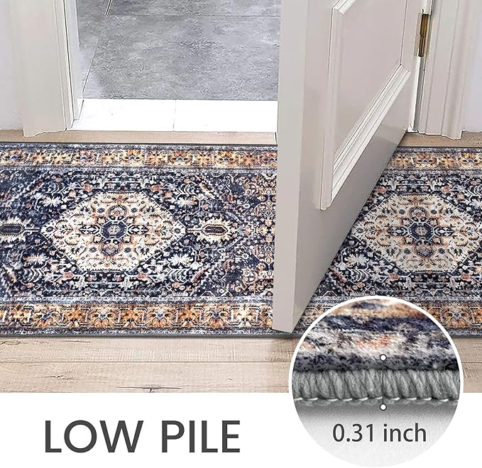 KOZYFLY Runners for Hallways 2.6x12 Ft Extra Long Washable Kitchen Boho Runner Rug for Entryway Indoor Gold Navy Printed Faux Wool Stair Runner Floor Carpet Runner for Stair Kitchen Hall