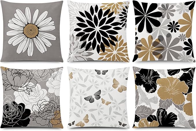 COMMINY Brown Black Pillow Covers 18x18 Set of 6, Daisy Flower Throw Pillow Cover Case Rustic Square Cushion Cover for Sofa Bedroom Living Room Farmhouse Home Decor