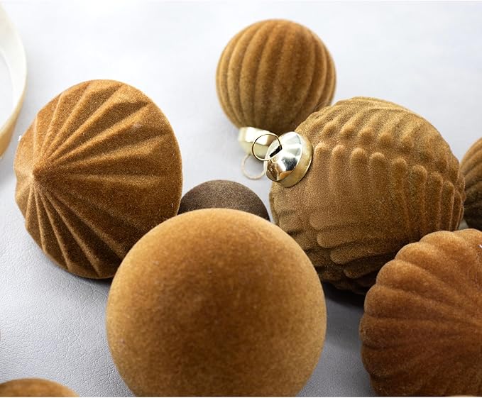 42PCS Gold Brown Velvet Christmas Ball Ornaments, Flocked Vintage Rustic Farmhouse Baubles in Assorted Sizes for Xmas Tree Decorations, Hanging Ornaments for Home, Party & Wedding Décor (Golden Brown)