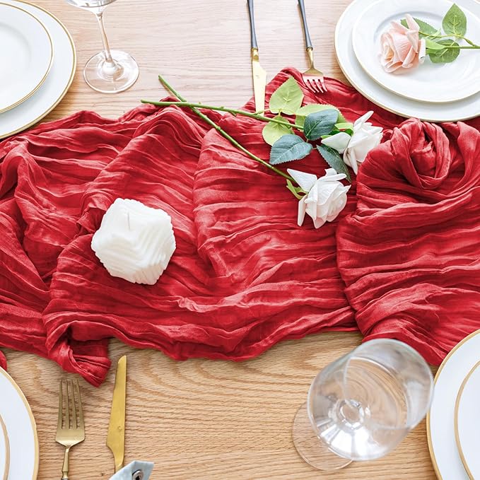 Wokceer Cheesecloth Table Runner Christmas 10FT Red Boho Gauze Fall Cheese Cloth Table Runner for Party Long Rustic Sheer Table Runners for Baby Bridal Shower Wedding Easter Table
