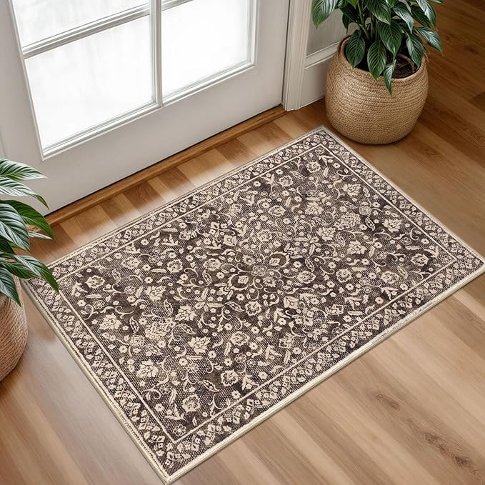 Vintage Entryway Rug Indoor, Rust Brown Red Washable Rug 2x3, Small Area Rug with Non-Slip Backing, Floral Print, Thin Faux Wool Super Soft Door Mat for Kitchen, Entrance, Bedroom, Office