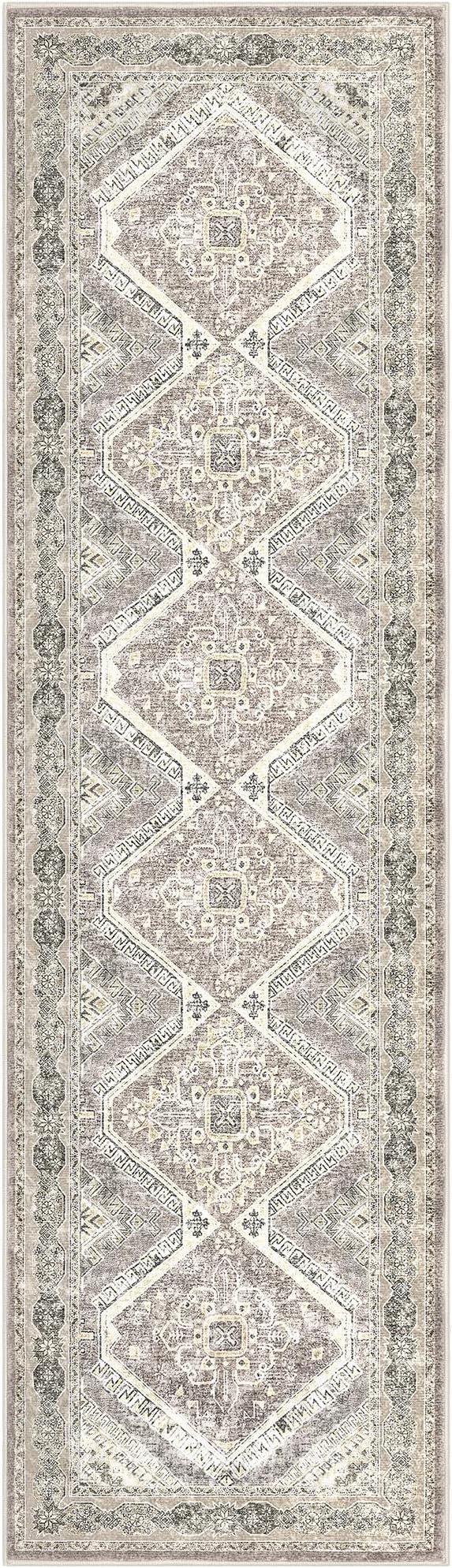 KUTA Oriental Washable Runner Rug, 2x7 Non-Slip Vintage Ivory Grey Yellow Brown Hallway Kitchen Runners Soft Printed Distressed Tribal Farmhouse Floor Carpet Rugs for Laundry Bedroom Living Room