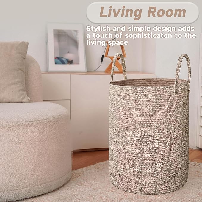 Large Woven Laundry Basket Hamper,100L Cotton Rope Storage Bin for Blankets,Toys and Clothes,Decorative Tall Nursery Hamper for Living Room,Baby Nursery,Bathroom and Bedroom,Oatmeal