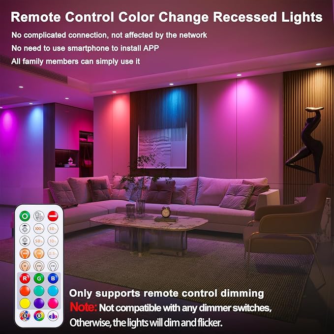 Recessed Lighting 6 Inch Black Color Changing Canless LED Recessed Ceiling Light with Junction Box,16W 1350LM LED Downlight Dimmable by Remote Control, Memory, 3 Modes, Delayed Light Off, 12Pack