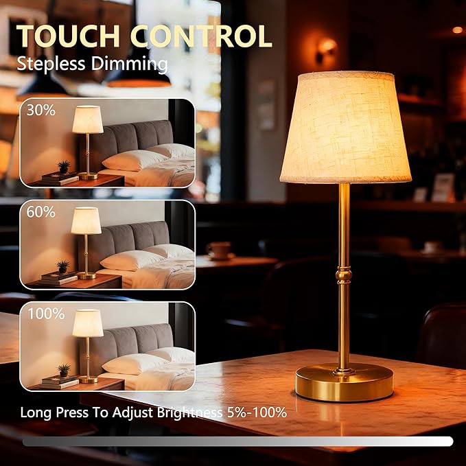 2-Pack Bedside Table Lamp，3 Level dimmable Touch Control lamp，6000mAh Battery, USB Charging Port, LED Bulb Included, Suitable for bedrooms, desks, and Dining Tables