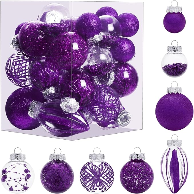 Christmas Ornaments Set, 32Pcs Clear Plastic Shatterproof Christmas Ball Hanging Ornaments for Xmas Tree Decorations, for Indoor Home Thanksgiving Party Holiday Decor - Purple.