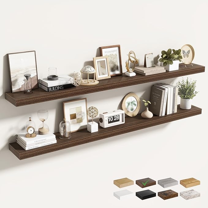 55 Inch Floating Shelves for Wall 2 Pack, 55" Wall Shelves for Books, Storage, Decor, Wall Mounted Floating Shelf with Invisible Brackets for Kitchen, Living Room, Walnut