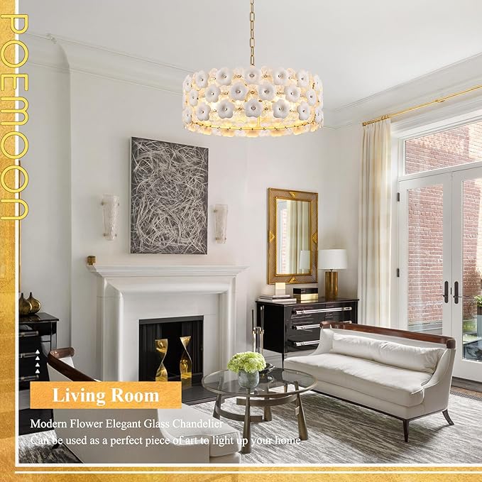 Modern 24" Flower Glass Chandelier Luxury Gold 8 Lights Ceiling Pendant Light Fixture for Living Dining Room Foyer Entryway Kitchen Bedroom, E12