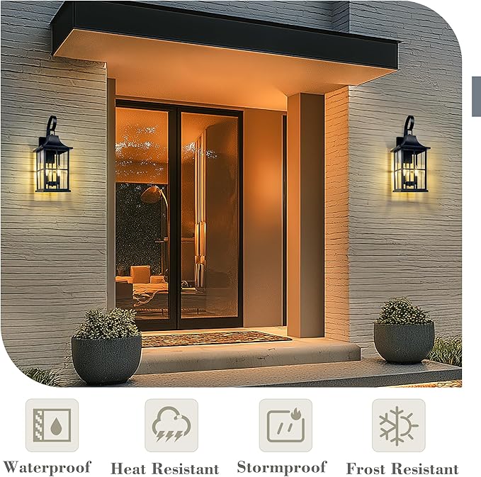 Emliviar 21.5" Large Wall Mounted Light Fixture, Classic Black Exterior Light Fixture 2-Light with E12 Base, Porch Lighting with Clear Glass Shade, YXE306B-M BK