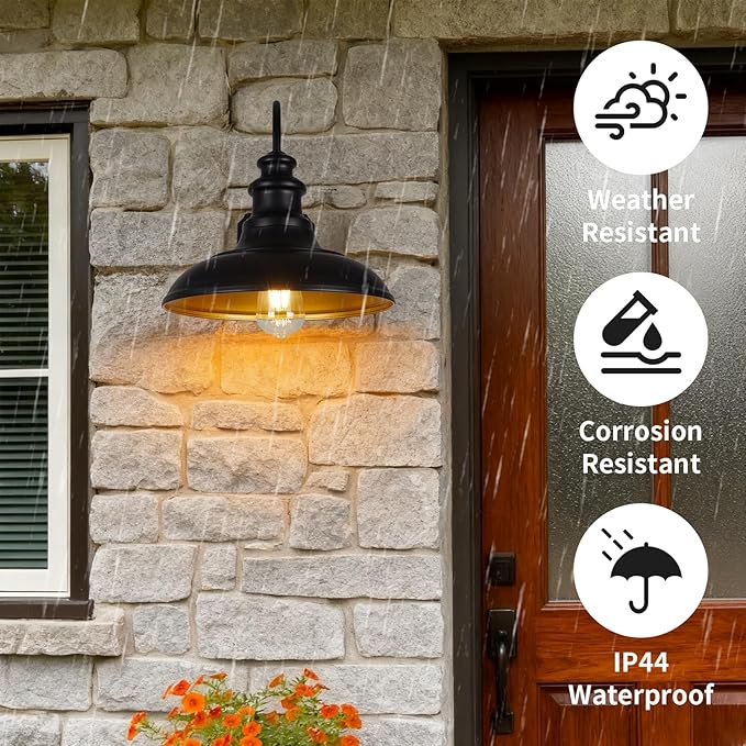 Dusk to Dawn Sensor Outdoor Barn Light with GFCI Outlet, Farmhouse Outdoor Wall Sconce, Rustic Exterior Lighting Fixture, Industrial Wall Lantern for Porch Garage Patio, STRZ034-W BK