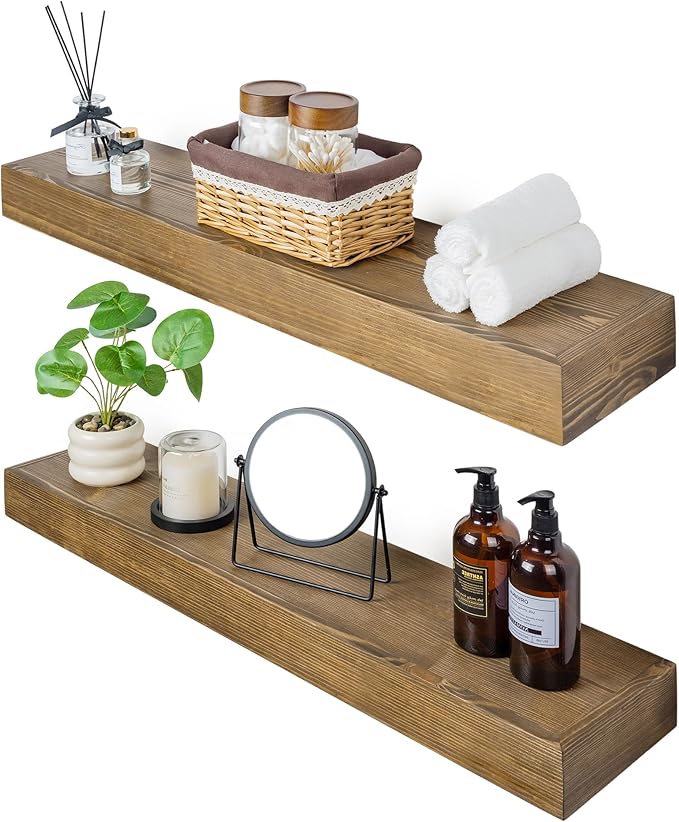 Floating Shelves 3 inch Thick for Wall Set of 2,Solid Pine Wood Wall Mount Shelf for Kitchen Living Room Bedroom Bathroom,8" D x 24" L x 3" H-Dark Walnut