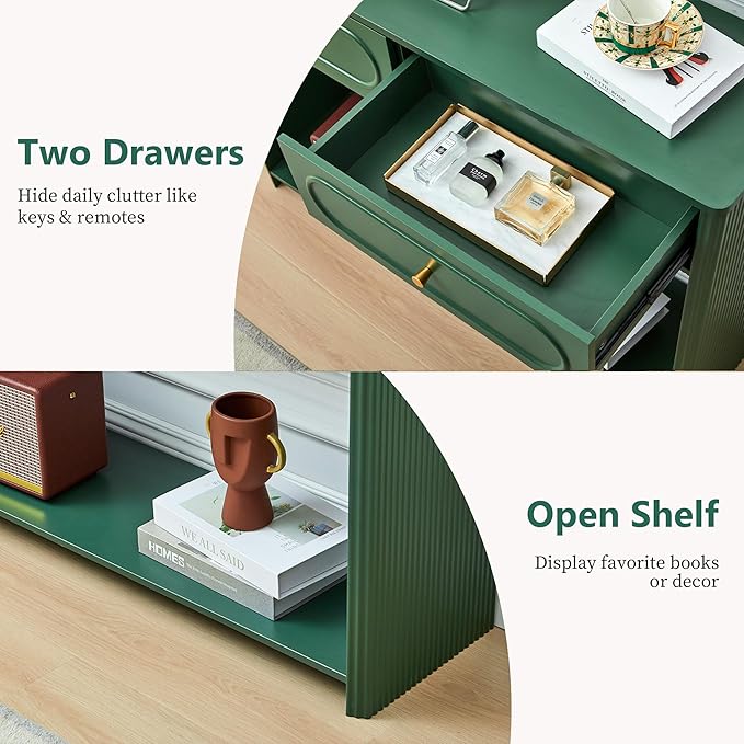 ORRD Fluted Console Table with Drawers, Mid-Century Narrow Entryway Table with Open Storage Shelves, Hallway Accent Tables Behind Couch Tables for Living Room (Green)