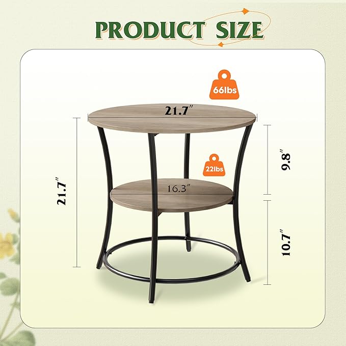 WLIVE Side Table, Round End Table with 2 Storage Shelves for Living Room, Bedroom, Nightstand with Steel Frame for Small Spaces, Accent Coffee Table, Light Grey
