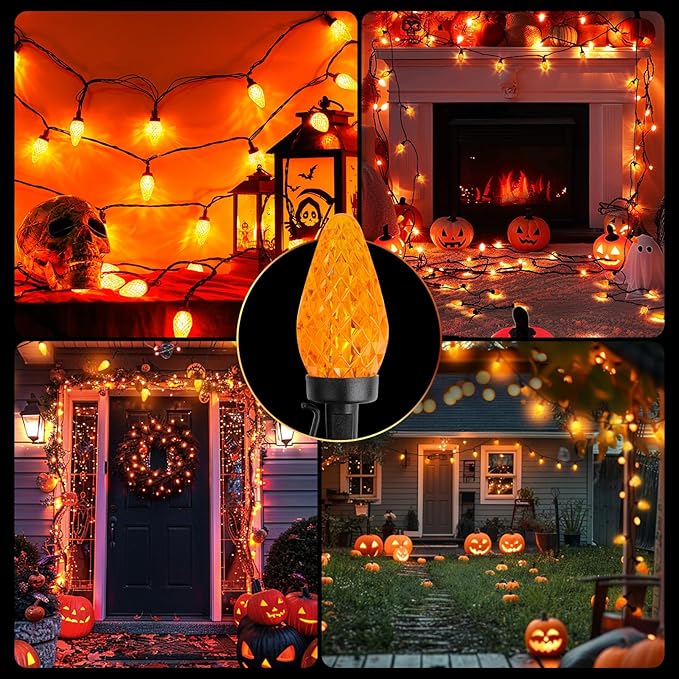 Halloween C9 LED String Lights, 82ft 100 LED Waterproof Strawberry String Light, Plug in Extendable Black Wire Halloween Lights String for Outside Decoration, Orange
