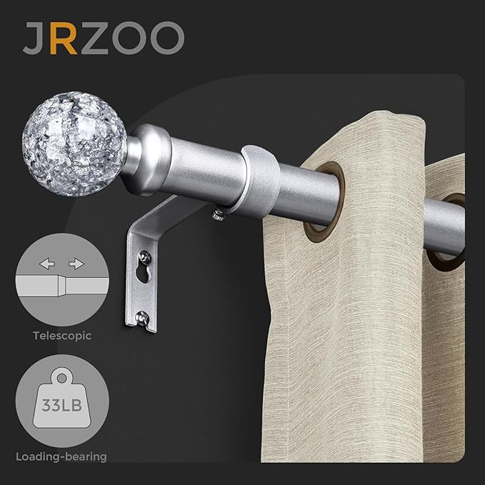 Silver Curtain Rods for Windows 72 to 144 Inch, 1'' Heavy Duty Adjustable Drapery Rod with Unique Crystal Ball Finials, Modern Decorative Curtain Rod,Size; 30-144''