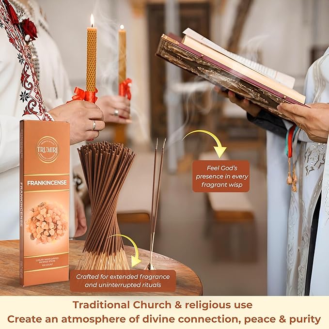 Frankincense Incense Sticks - Pack of 100 Insence-Sticks for Catholic Christian Church - Made with Natural Non Toxic Incienso - Scented Insense Spiritual Agarbatti Incents
