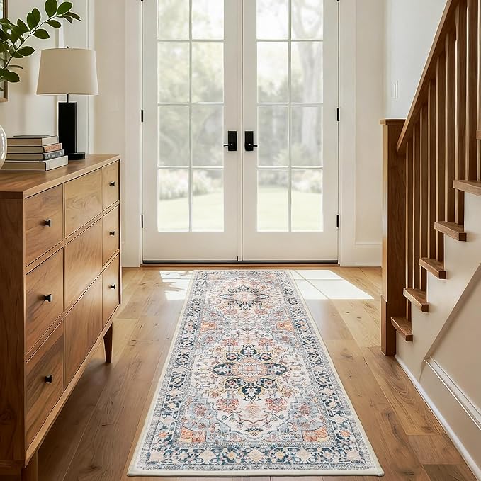 XWZO Runner Rug 2x6ft, Washable Hallway Runner with Non-Slip Backing, Vintage Spill Stain Resistant Floor Mat for Entryway Corridor Bedroom Kitchen, Soft Low-Pile Area Carpet, Colorful