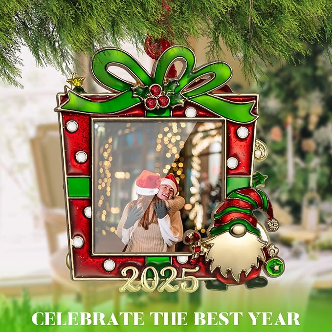 West style 2025 Christmas Tree Ornaments - Made of Zinc Alloy Glitter Powder Pendant 2x2 Inch Picture Frame Ornament for Pet and Baby Holiday Keepsake Gift (2025, Gnomes)