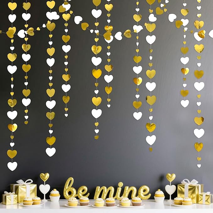 White Gold Heart Garland Hanging Paper Love Heart Streamer Banner for Baptism Engagement Anniversary Valentines Day Birthday Bachelorette Mothers Day Wedding Bridal Shower Party Decorations Supplies