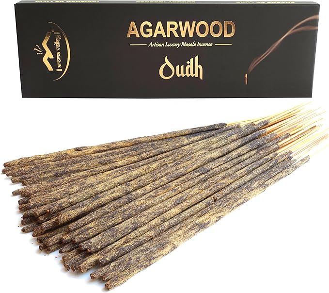 Oud Agarwood Incense Sticks - Artisan Luxury Masala Incense - Handcrafted Long-Burning (75 Minutes) Extra-Thick Sticks - Exotic Divine Scent for Home, Spirituality & Meditation - Oudh