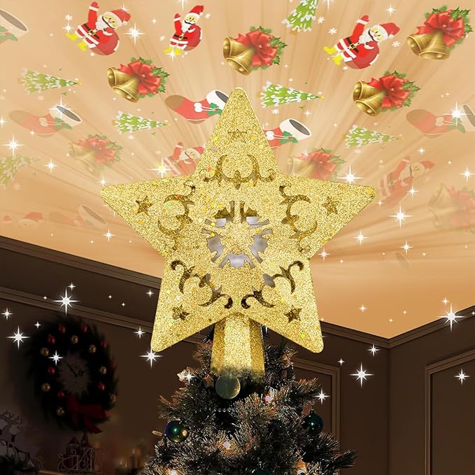 Christmas Tree Topper, 3D Rotating Pattern Projector for Xmas Tree Topper, Hollow Design Christmas Decorations,Christmas Decor