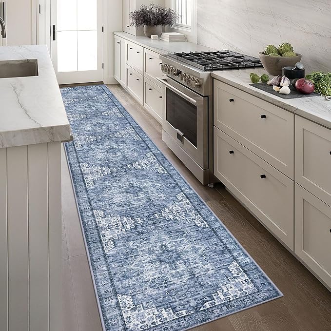2.6x16 Washable Rug for Entrance, Blue Soft Printed Area Rug, Non-Slip Kitchen Rugs, Low-Pile Medallion Indoor Door Mat, Small Farmhouse Carpet for Entryway Kitchen Foyer Bedside