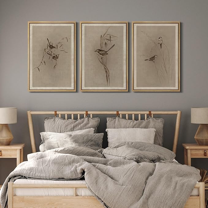 MUDECOR Framed Wall Art Print Set Vintage Bird Wheat Ear Illustrations Modern Art Boho Decorative Colorful Chic for Living Room, Bedroom, Office - 16"x24"x3 Natural