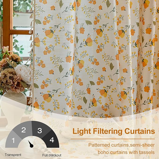 OYX Yellow Boho Pattern Floral Curtains 96 Inch Length 2 Panels for Living Room, Bedroom Light Filtering Drapes, Vintage Country French Tassels Patterned Rod Pocket Aesthetic Decor Window Treatments