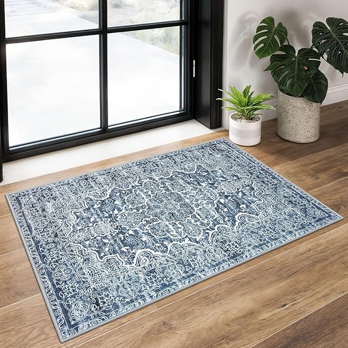 KUT Entryway Rugs Indoor Non-Slip Washable Small Area Rug 2x3 Blue Entrance Carpet Soft Printed Vintage Floral Distressed Tribal Farmhouse Low-Pile Door Mat for Bedroom Kitchen