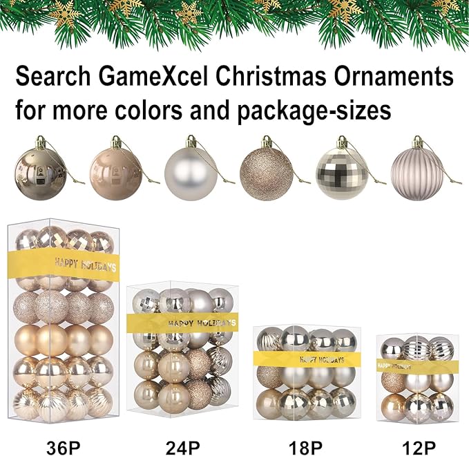 Champagne Gold 2.5" Christmas Balls Christmas Tree Decoration Ornaments Shatterproof Hanging Balls for Birthday Halloween Holiday Wedding Decorations Set of 10pcs