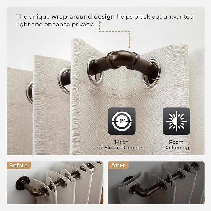 Zeerobee Curtain Rods for Windows 66 to 120, 1 Inch Industrial Wrap Around Curtain Rod, Indoor/Outdoor Room Divider Adjustable Drapery Pole, 66"-120", Antique Bronze