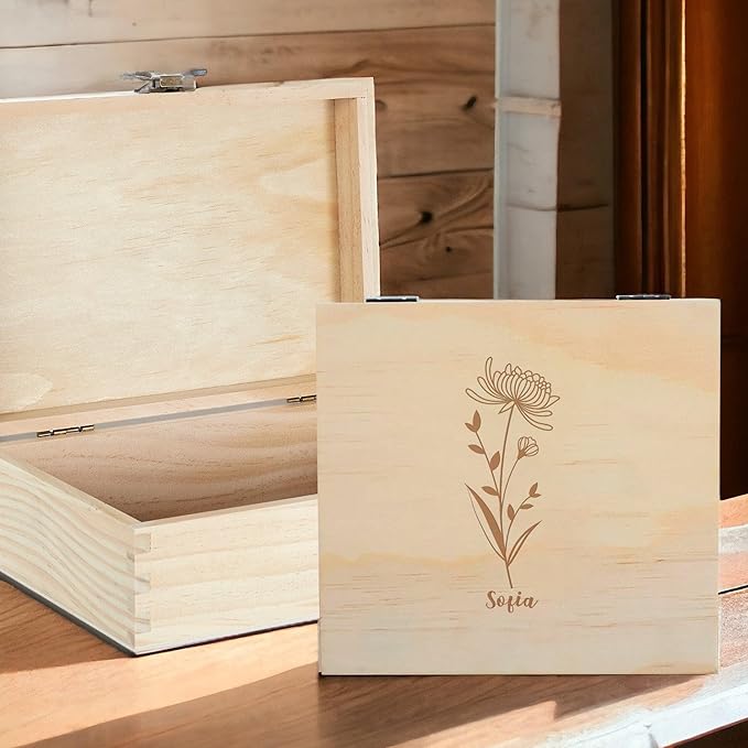 Personalized Birth Flower Memory Box Custom Engraved Wooden Keepsake Chest with Floral Design - Storage Boxes for Jewelry Photos Memento Keepsakes Customized Gifts for Women Birthday Valentine’s day