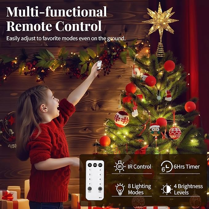Lewondr Christmas Tree Topper, Plug in 3D Starburst Xmas Lighted Star Tree Topper, Remote Control & Timer Light Up Vintage Moravian Tree Topper for Christmas Decoraiton, Warm Light, Champagne Gold