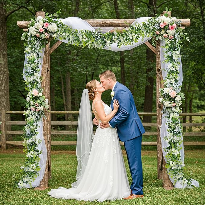 6FT Eucalyptus Garland with Flowers, 8 Pack Artificial Greenery Garland Hanging Faux Eucalyptus Garland Suitable for Table Wedding Backdrop Arch Wall Party UV Protected Indoor Outdoor Decor