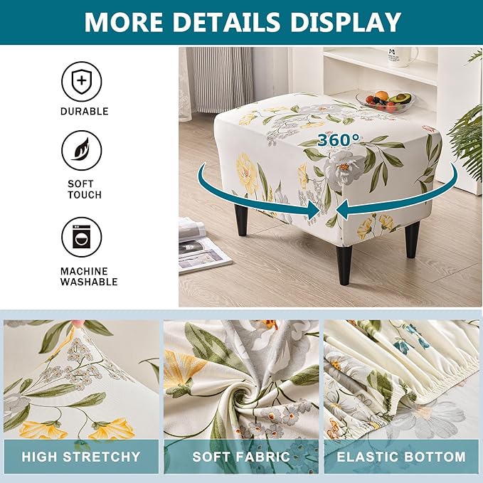 KRFOONN Ottoman Slipcovers Stretch Rectangle Footrest Stool Covers Printed Ottoman Cover for Foot Stool Furniture Protector with Non Slip Elastic Bottom(25, X-Large)